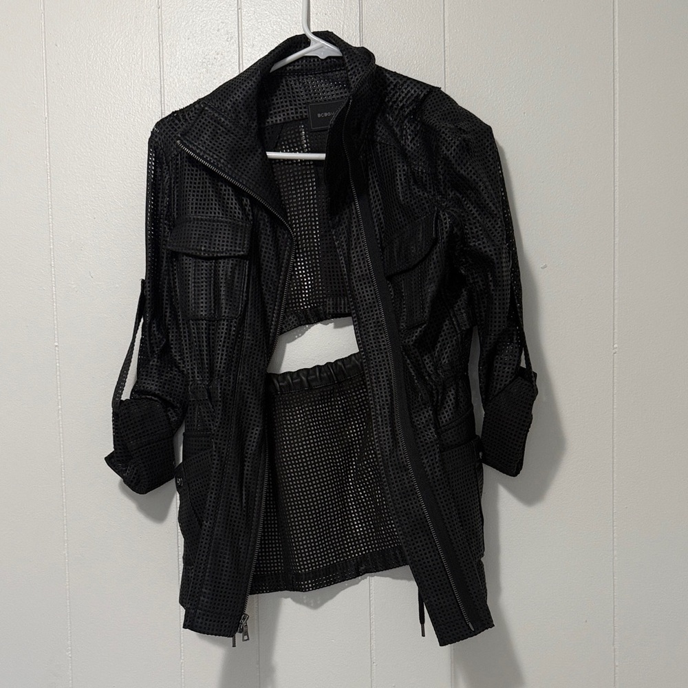 BCBGMaxAzria Bronnen perforated faux leather open back jacket in black